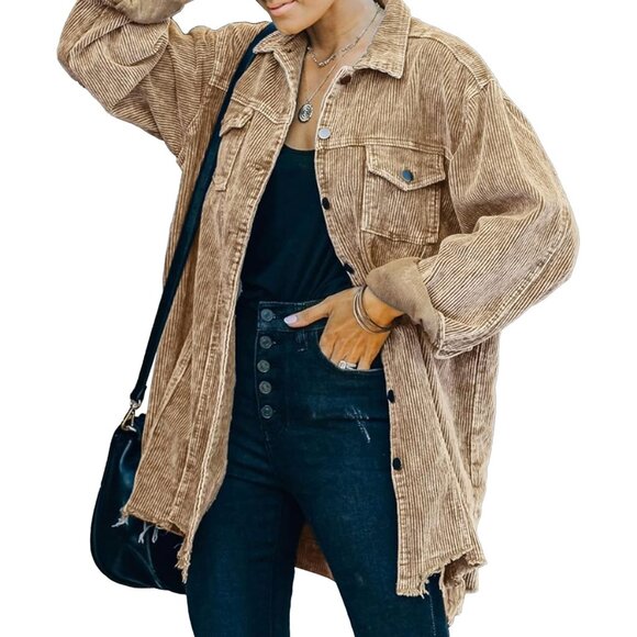 Womens Khaki Oversized Corduroy Shirt Jacket Casual Button Down Retro - Picture 1 of 2